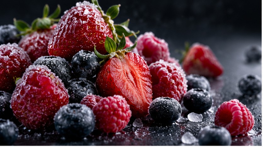 Frosted strawberries, raspberries and blueberries